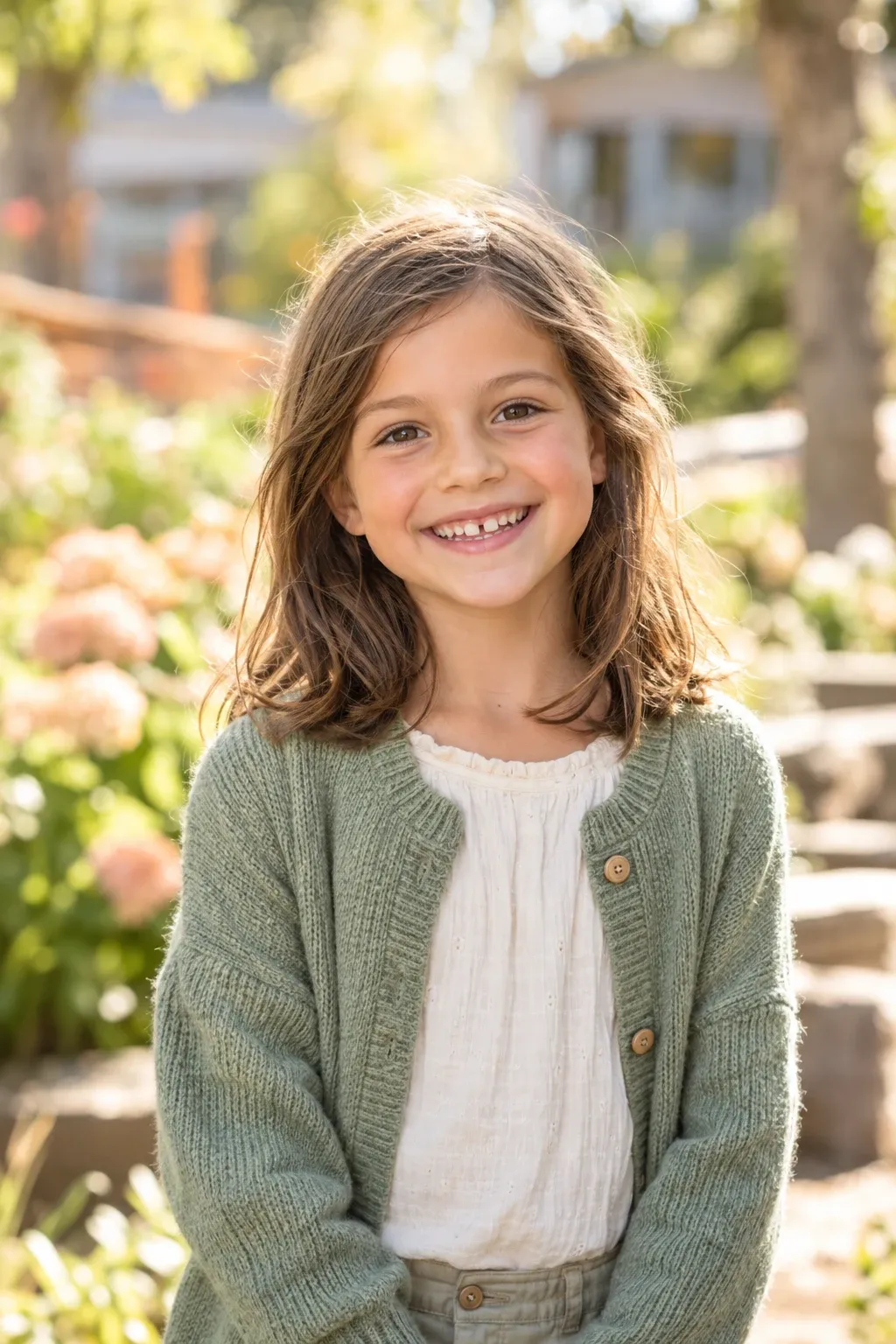 Retrato escolar natural de una niña sonriente en un jardín