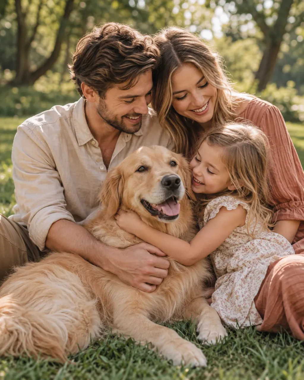Familia con su golden retriever en el parque