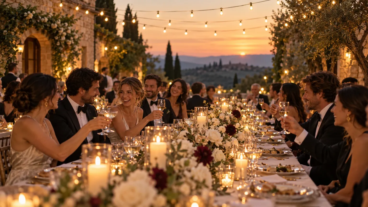 Una fiesta de boda bajo cálidas guirnaldas