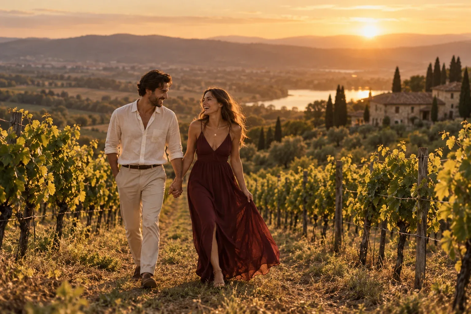 Pareja paseando de la mano por un viñedo al atardecer