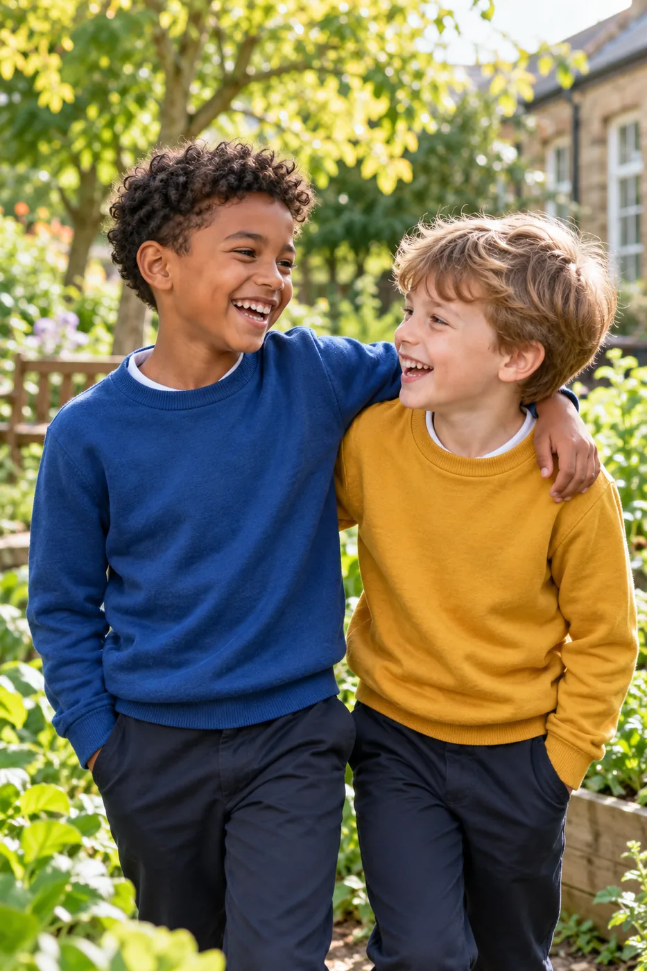 Dos amigos del colegio ríen juntos en un jardín