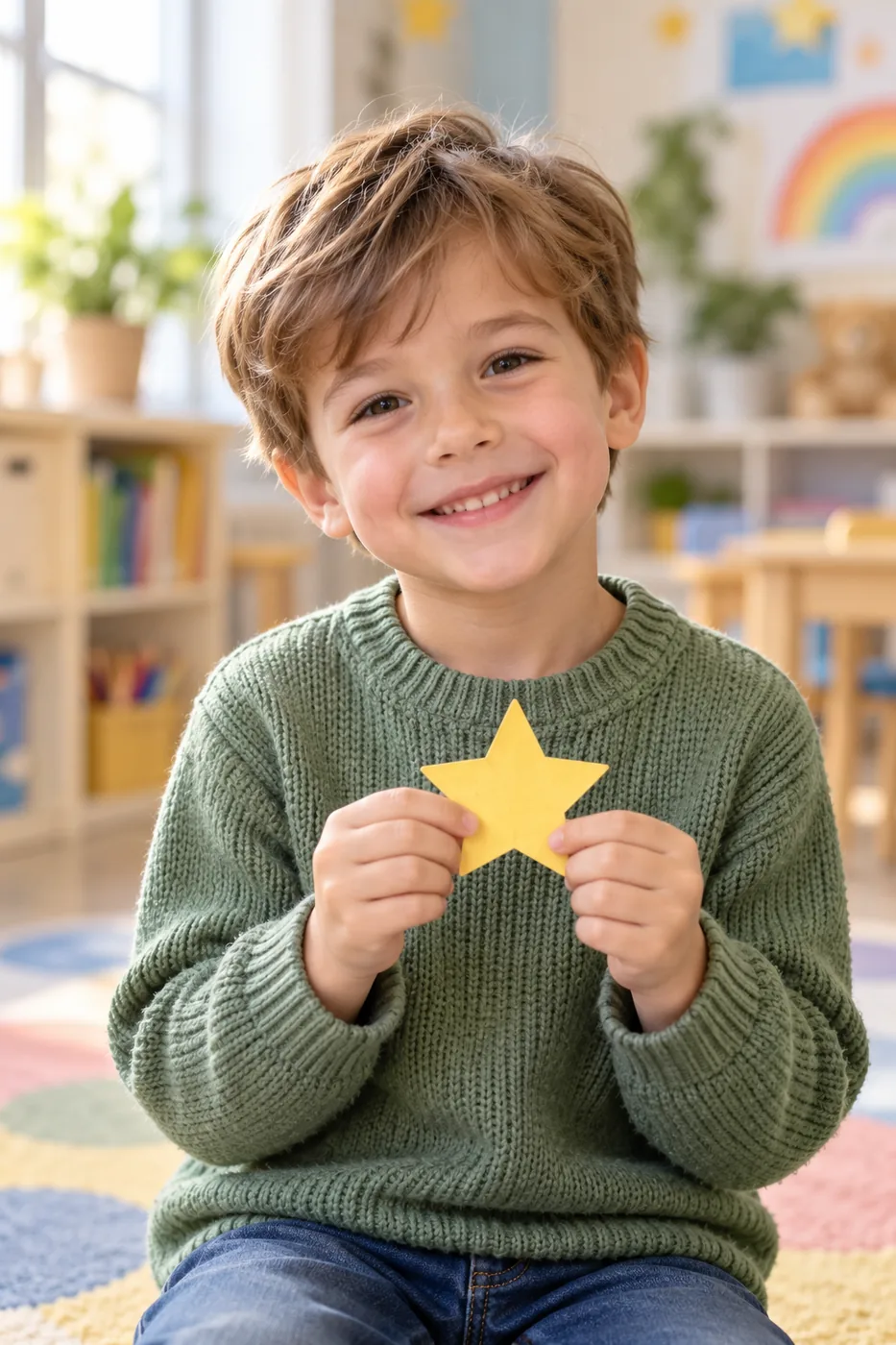 Un niño de infantil sonriente con una estrella de papel amarilla