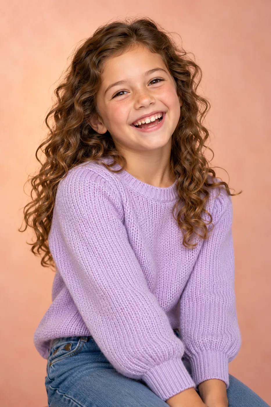 Una niña con jersey lila ríe ante un fondo melocotón