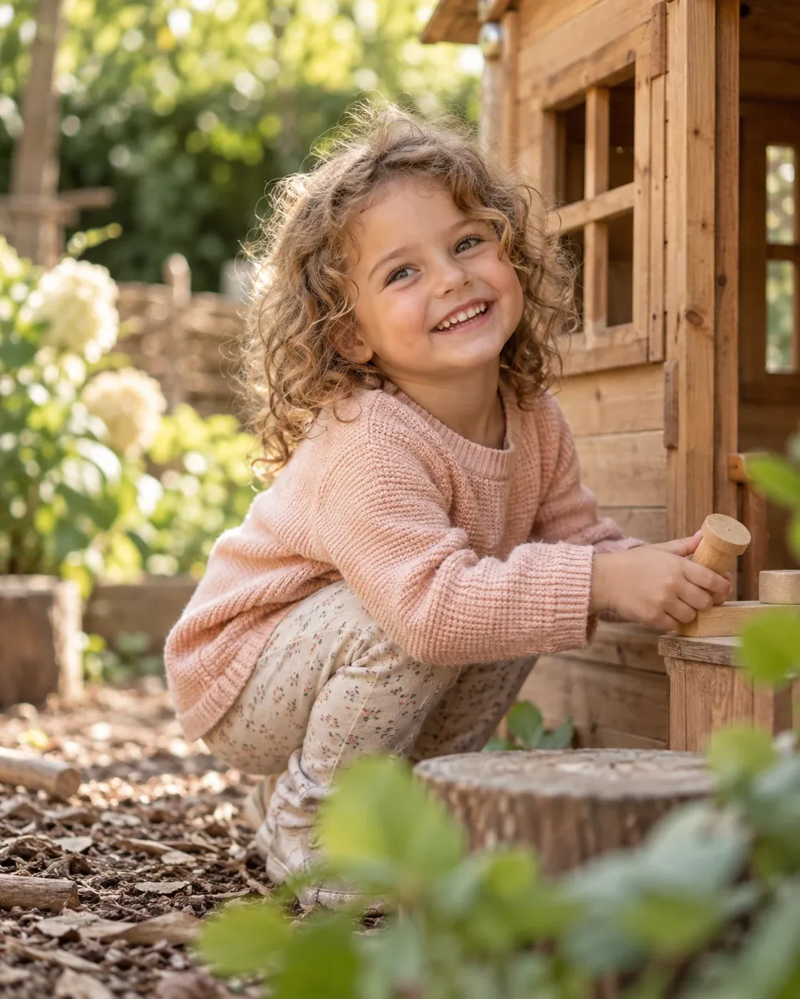 Niño feliz de guardería junto a la casita