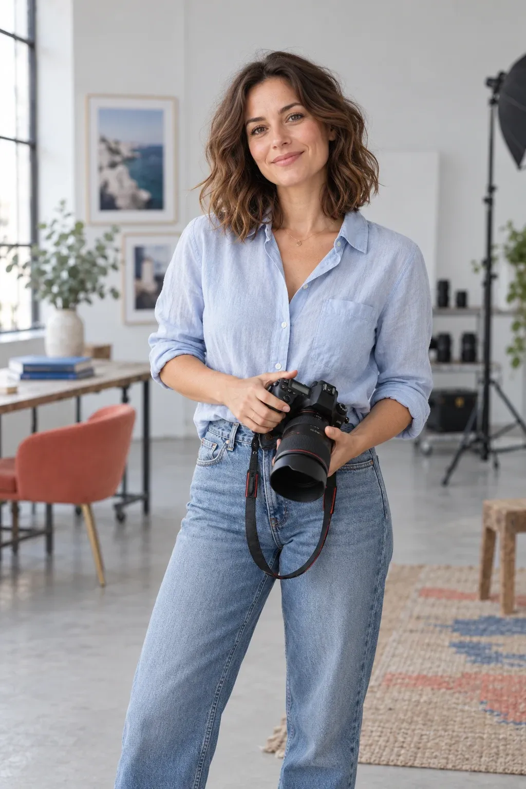 Fotógrafa con cámara en un estudio luminoso