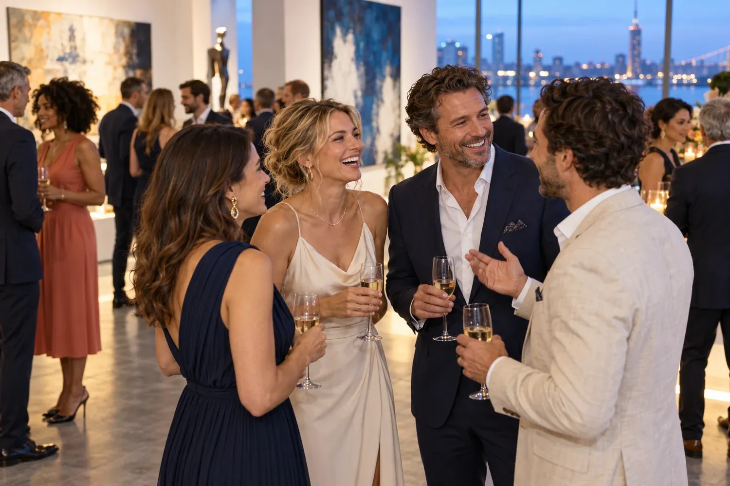 Invitados conversando en una recepción elegante