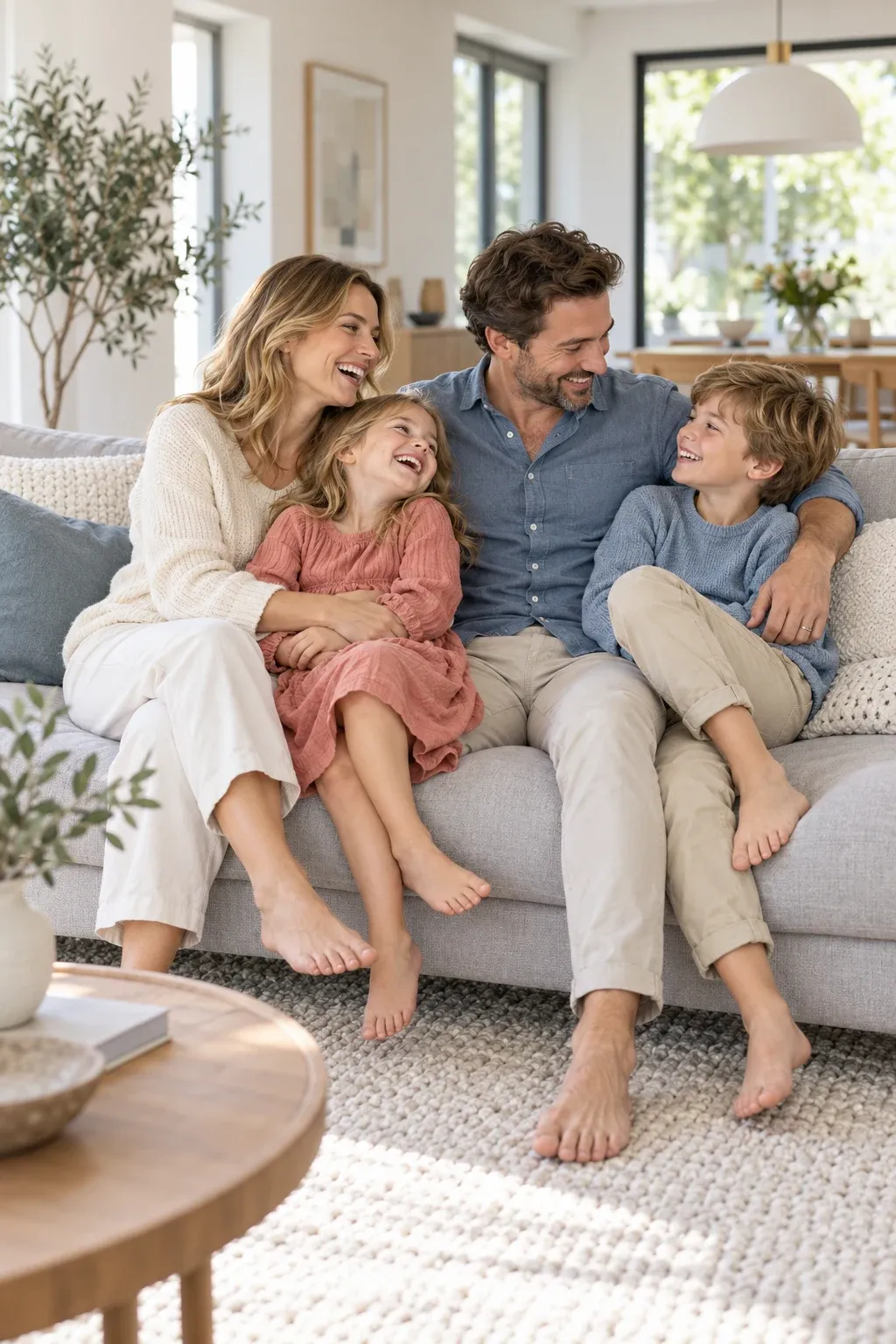 Una familia ríe junta en un sofá claro