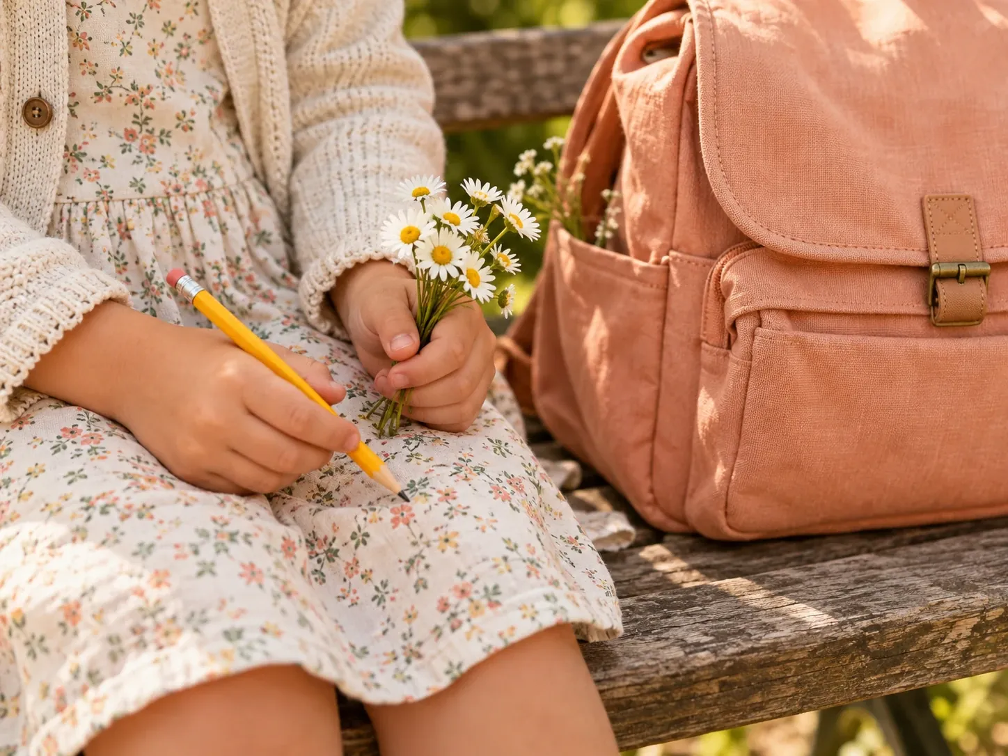 Manos de niño con margaritas junto a una mochila