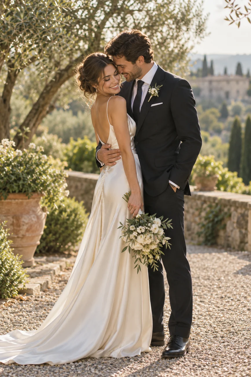 Novios abrazados con luz natural suave