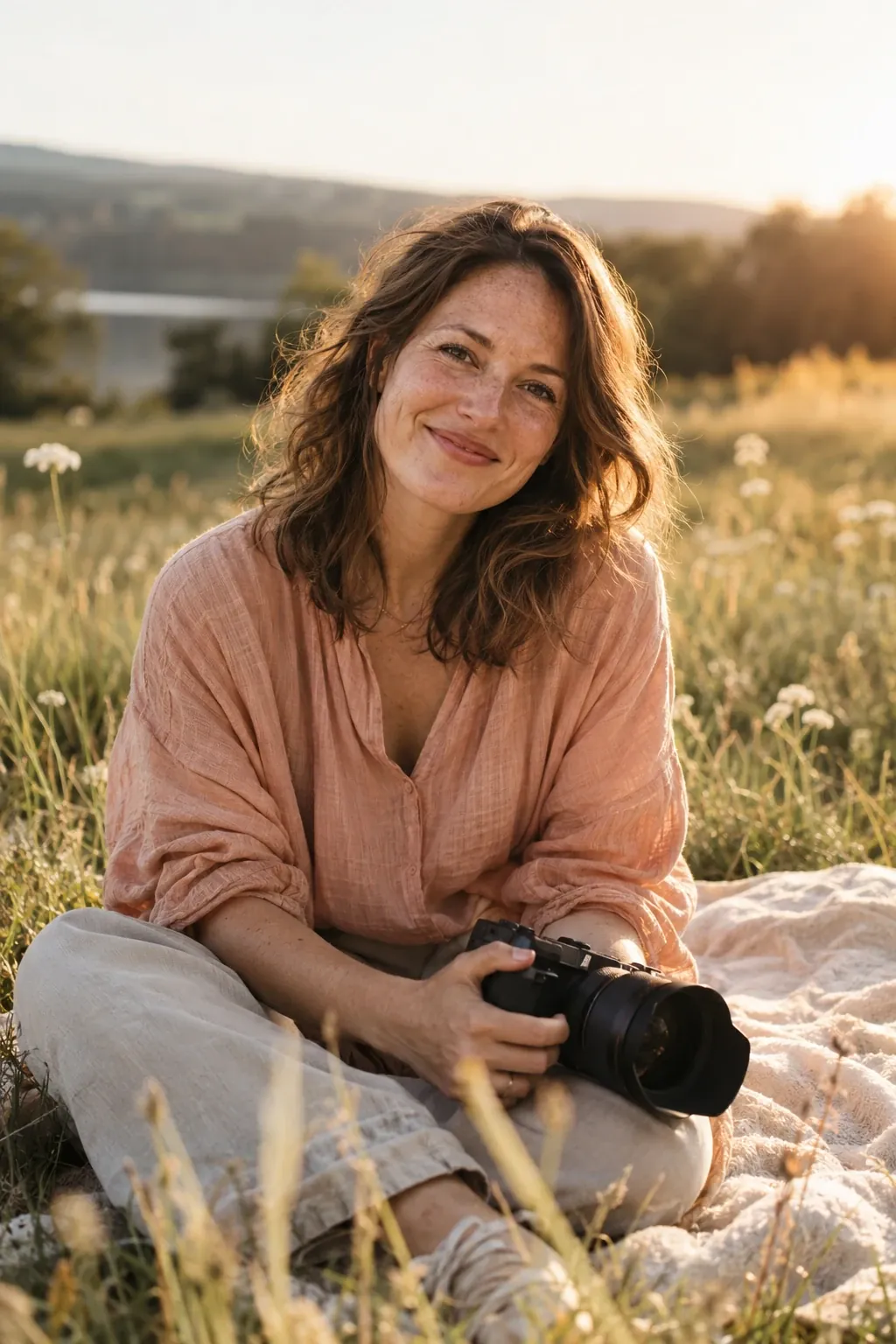 Fotógrafa con cámara en un prado de verano