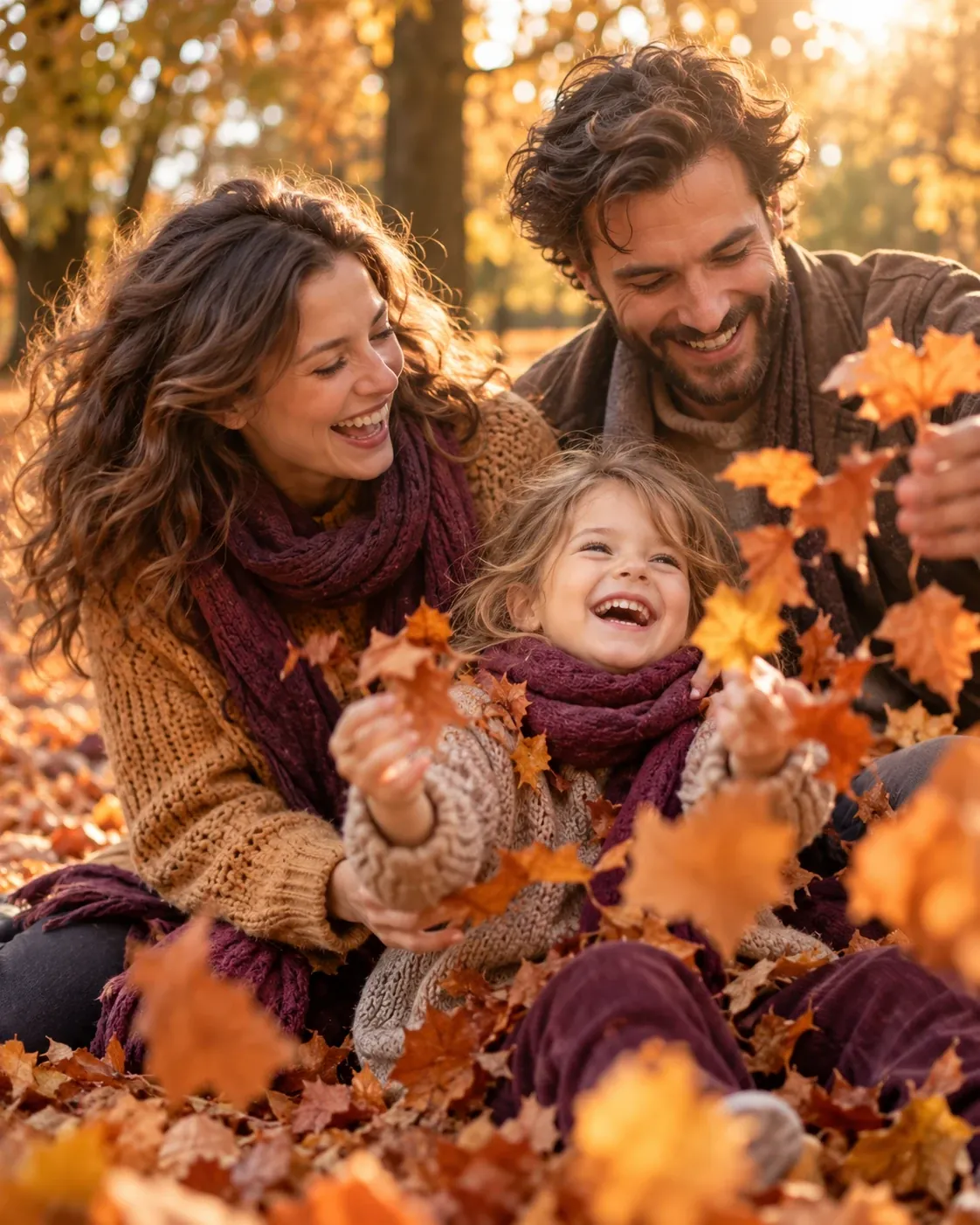 Familia jugando con hojas de otoño