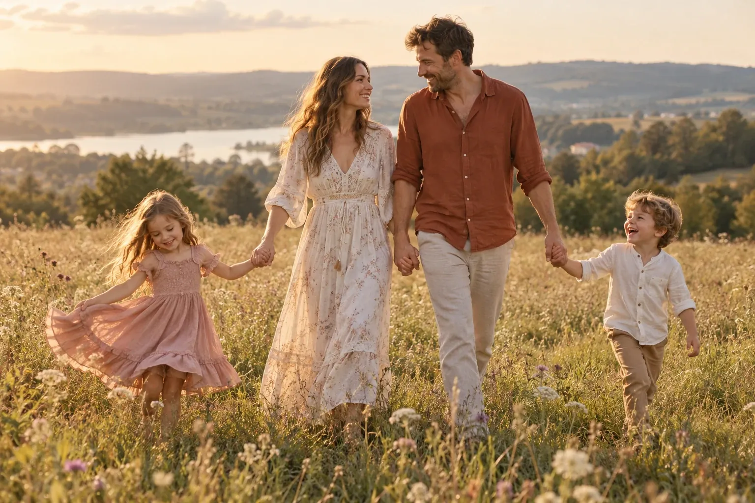 Familia paseando junta por un prado