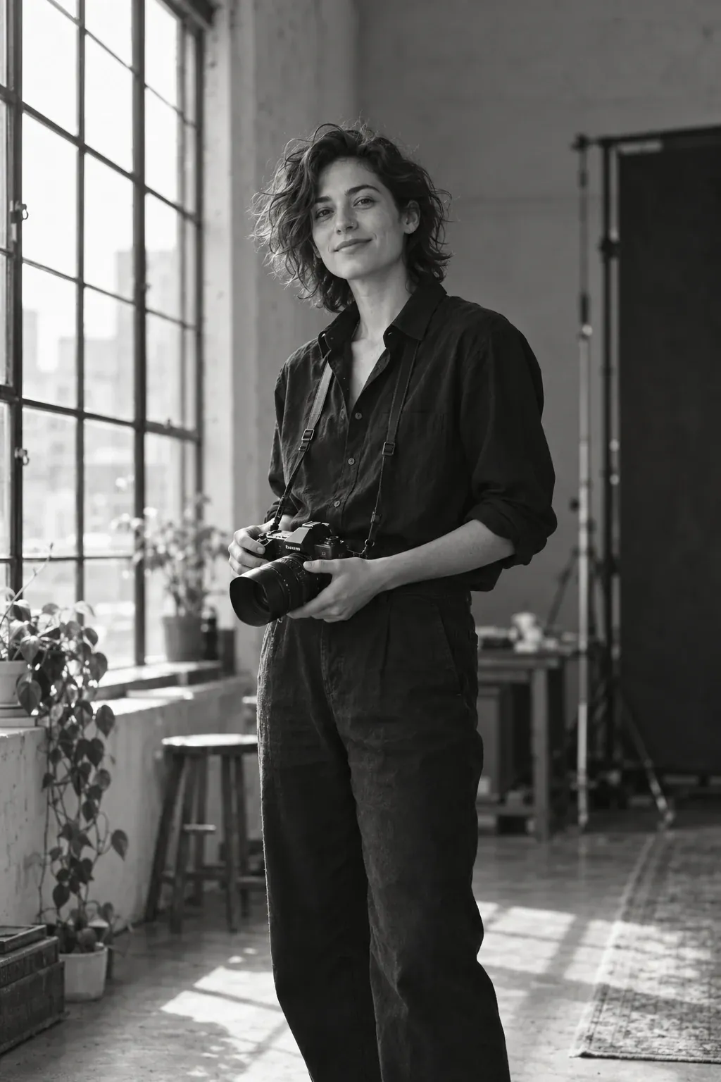 Fotógrafa con cámara junto a la ventana del estudio