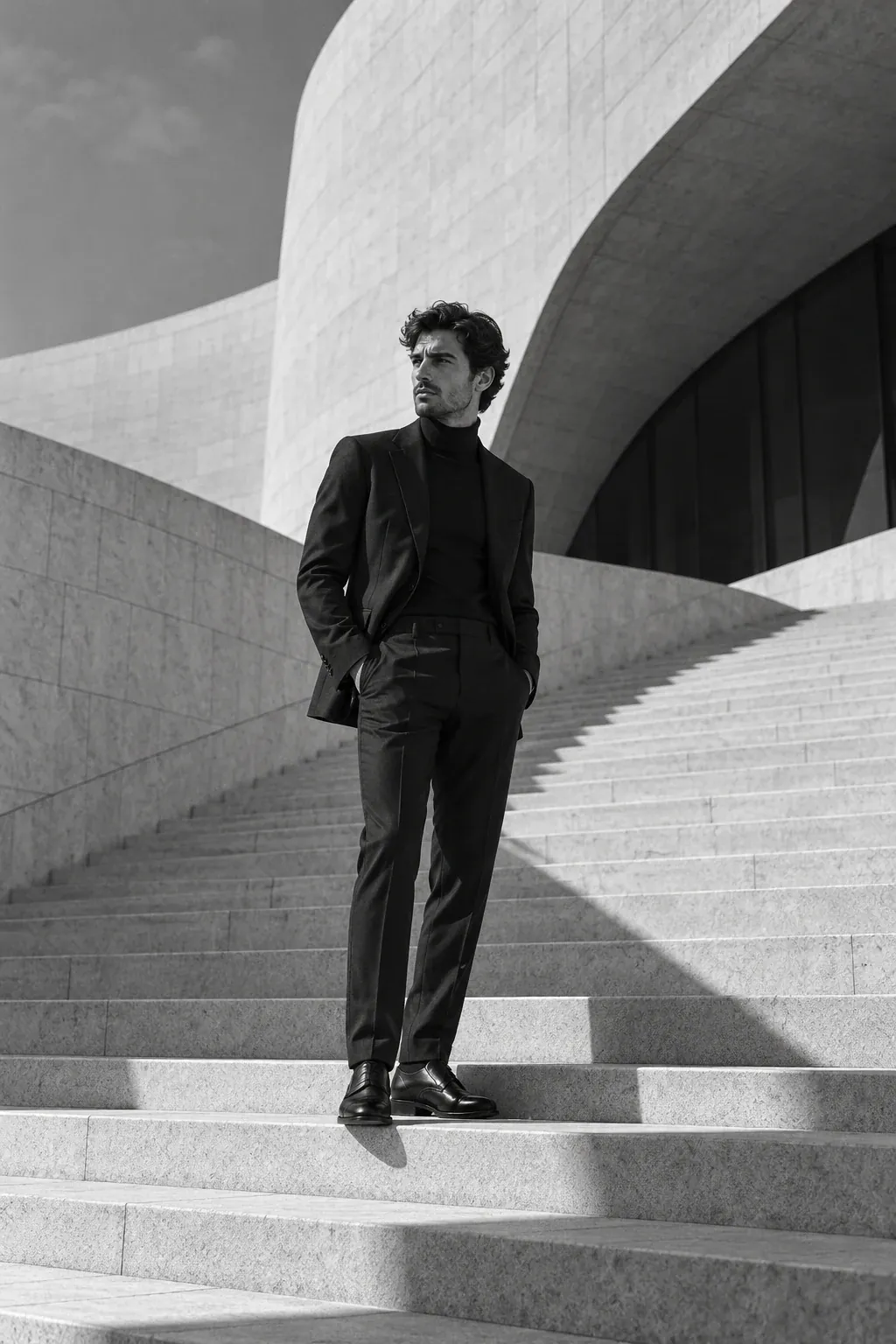 Hombre en una escalera arquitectónica con sombras geométricas