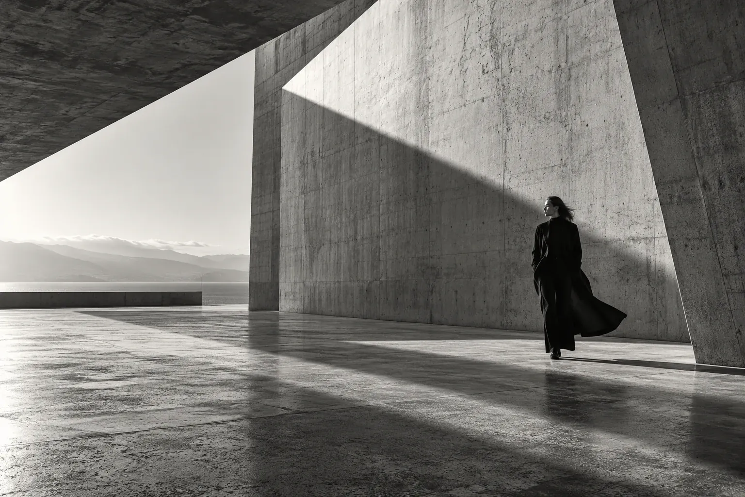 Mujer entre fachadas monumentales con luces y sombras