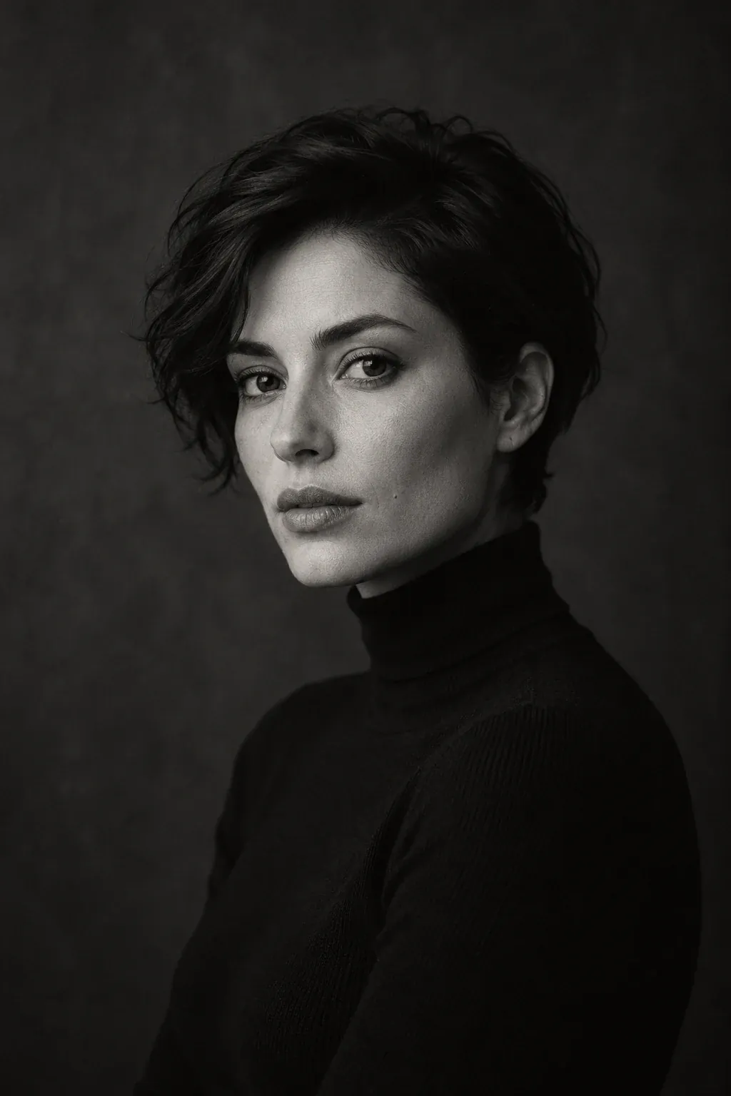 Retrato en blanco y negro de una mujer con jersey oscuro