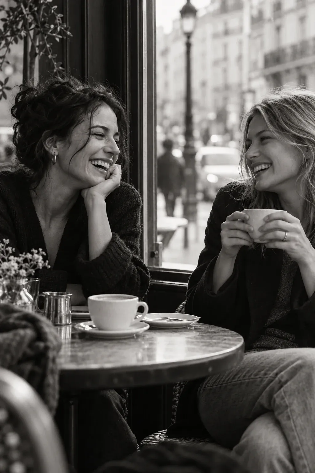 Dos amigas ríen juntas en una cafetería