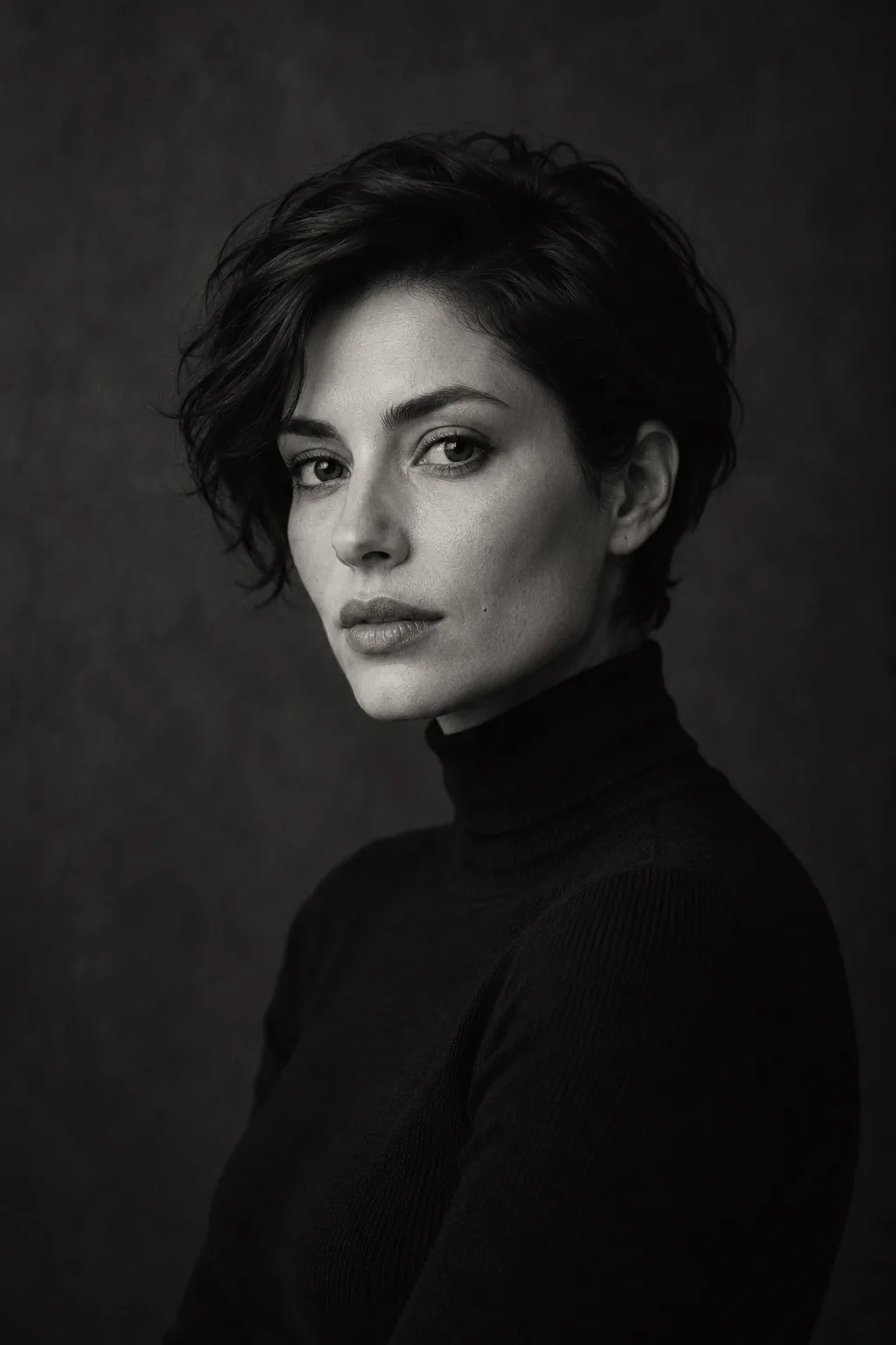 Retrato en blanco y negro de una mujer con jersey oscuro de cuello alto