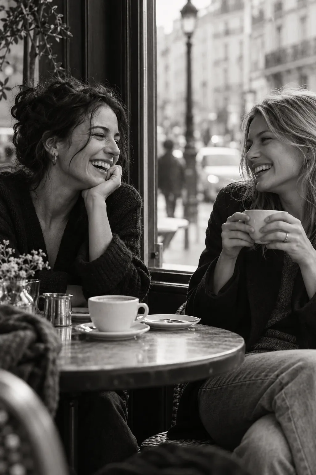 Dos amigas ríen juntas en la mesa de un café