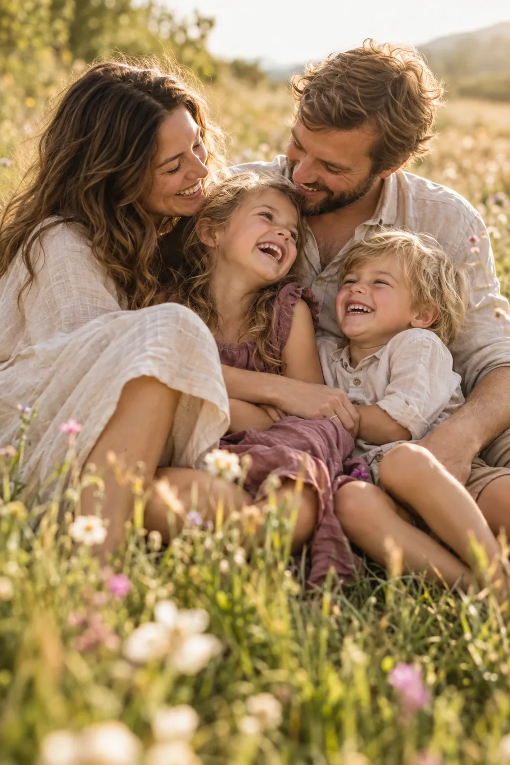 Familia abrazada y riendo en un prado