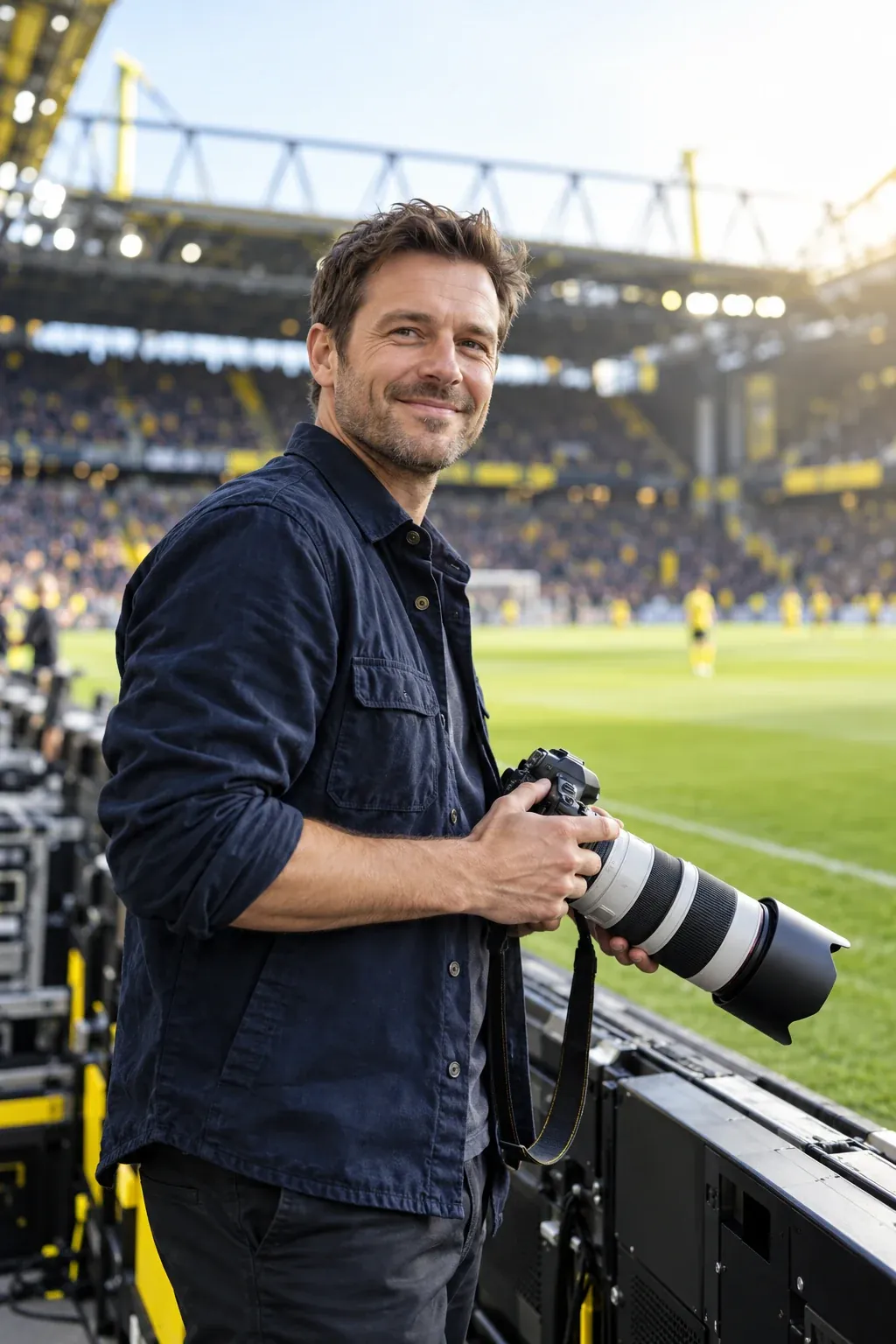 Fotógrafo deportivo con cámara junto al campo
