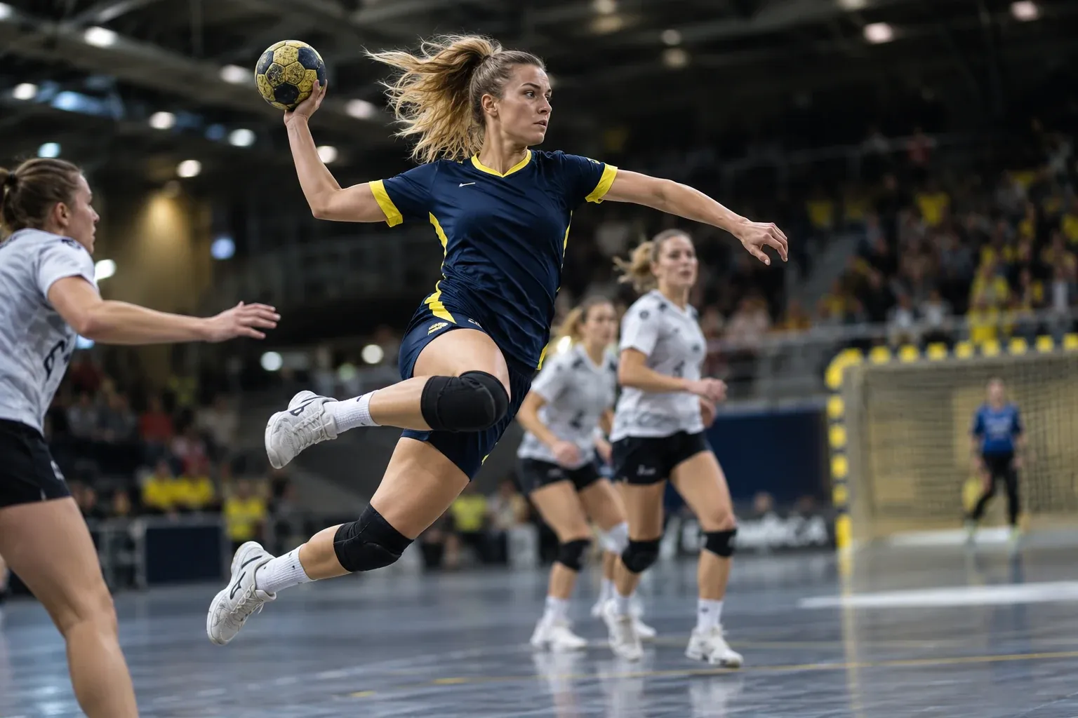 Jugadora de balonmano en un lanzamiento en salto