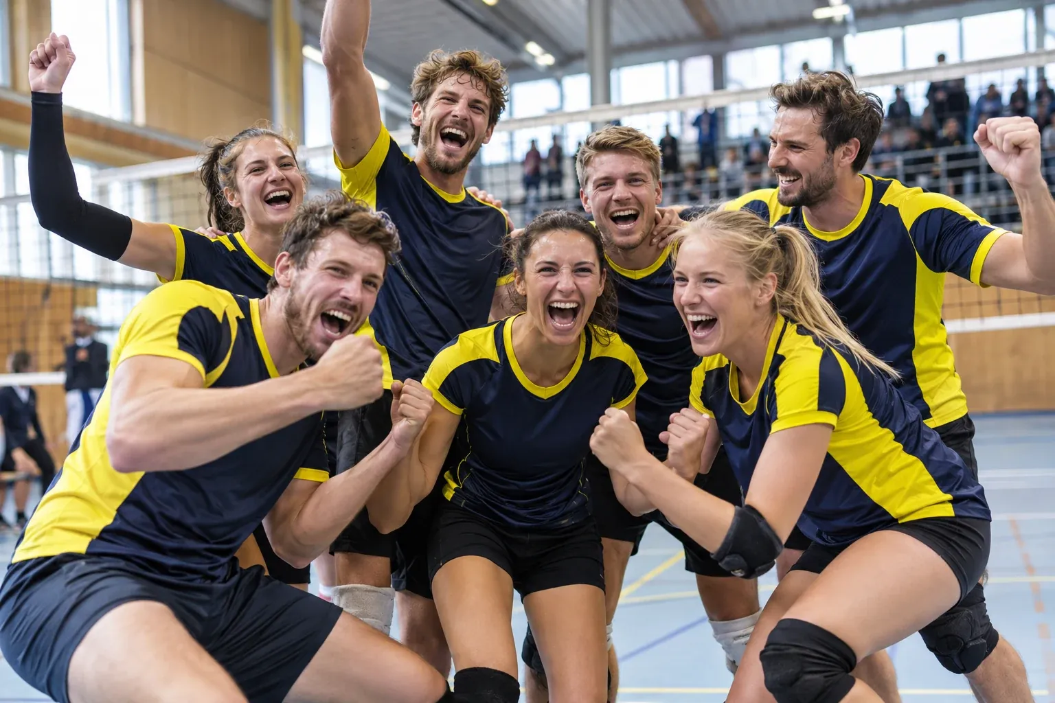 Equipo de voleibol celebrando juntos