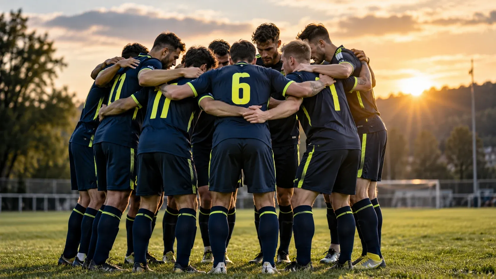 Equipo de fútbol en círculo antes del partido
