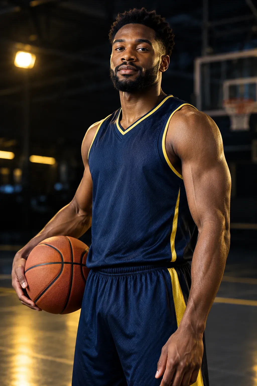 Jugador de baloncesto con balón en un retrato