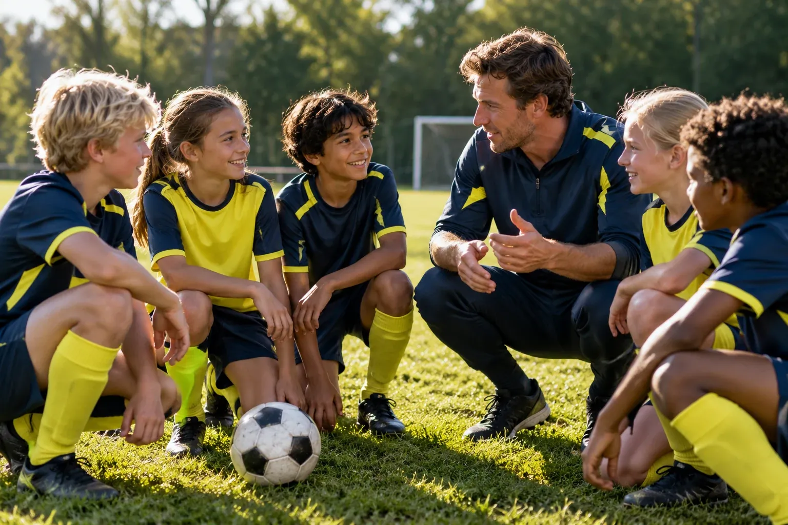 Equipo juvenil reunido con su entrenador