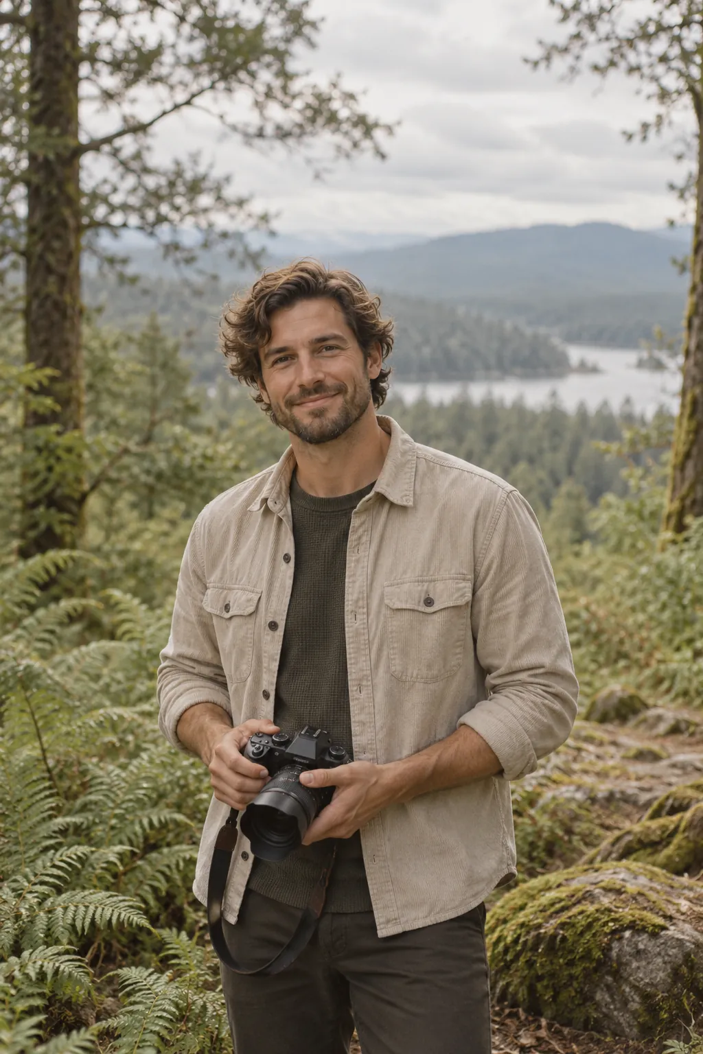 Alex, el fotógrafo, con una cámara en un claro del bosque