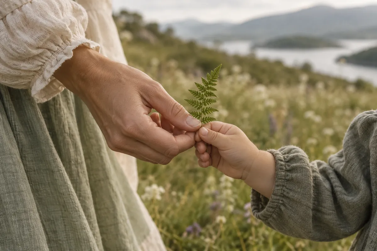 Un adulto y un niño sostienen juntos una delicada hoja de helecho