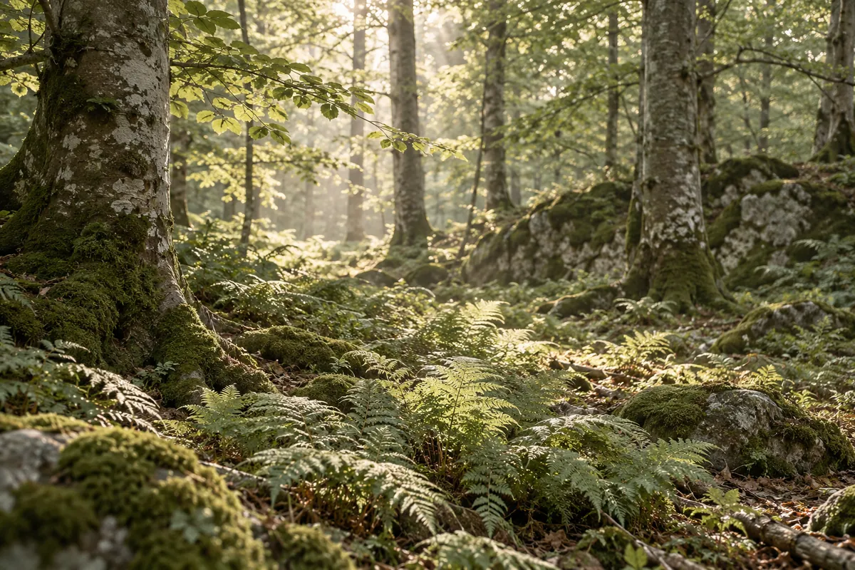 Luz suave del día entre helechos y árboles