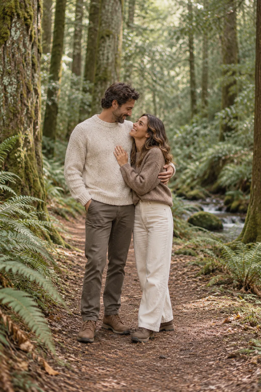 Una pareja se abraza en un sendero del bosque entre helechos