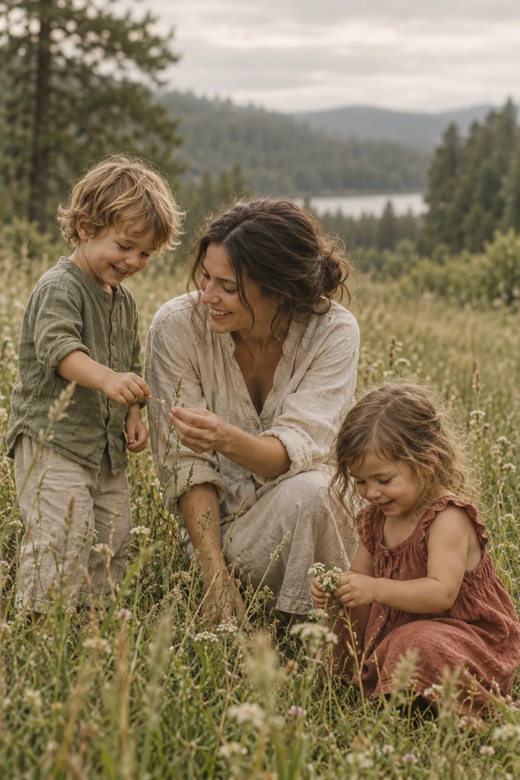 Una madre y dos niños descubren juntos las hierbas