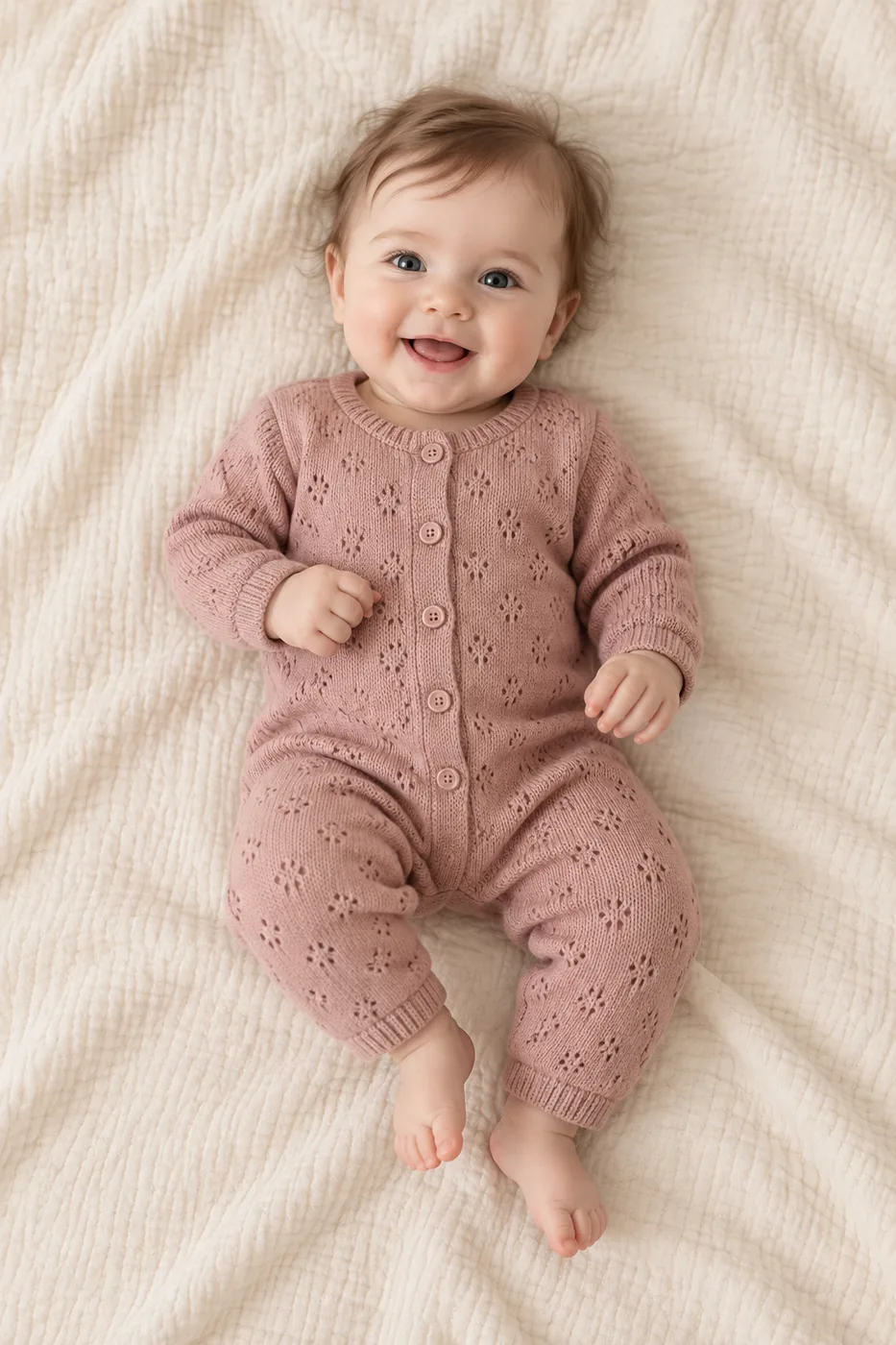 Un bebé sonriente sobre una manta de juego color crema