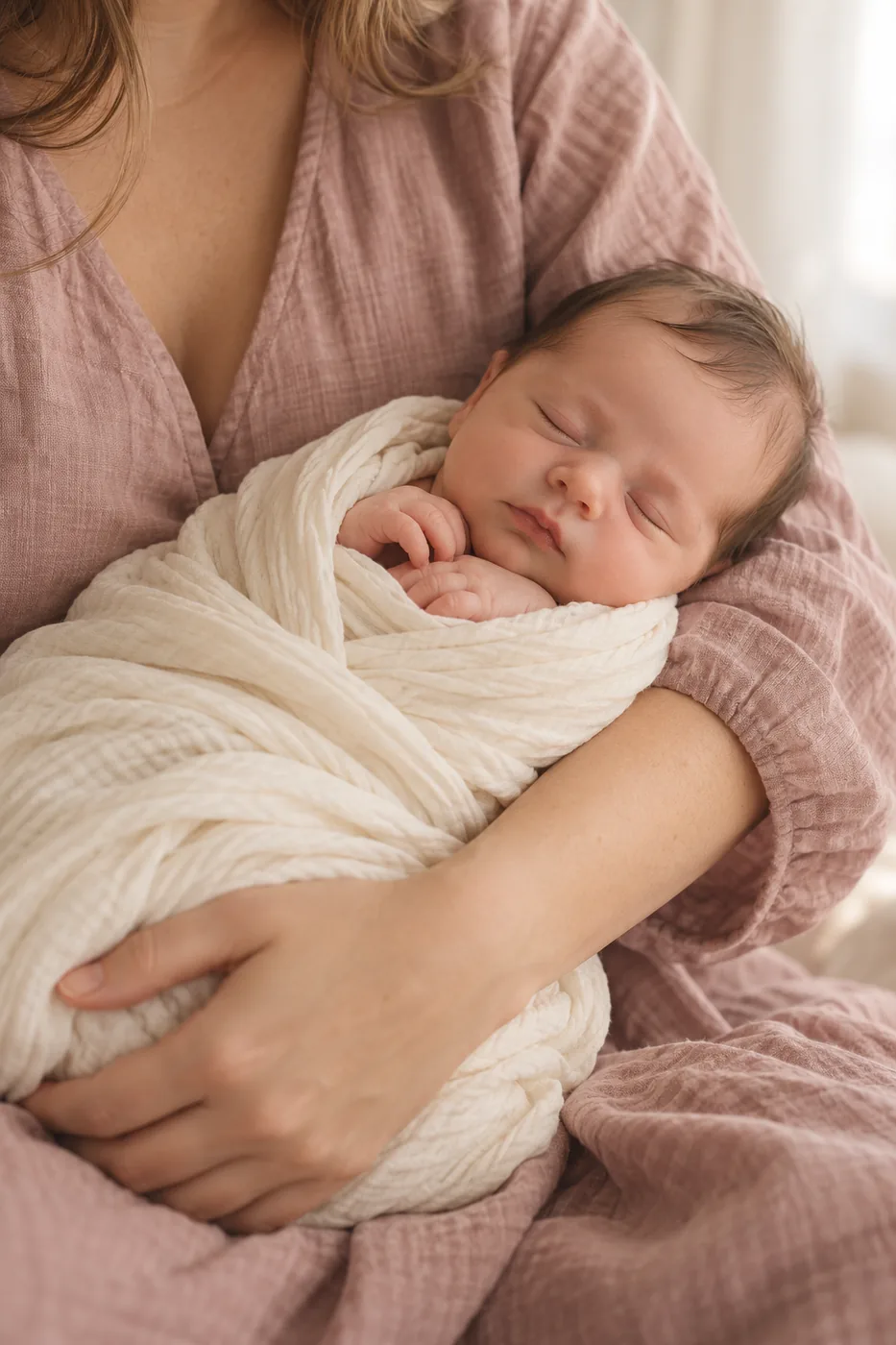 Un recién nacido dormido, envuelto en una tela de color crema, seguro en brazos de su madre o padre